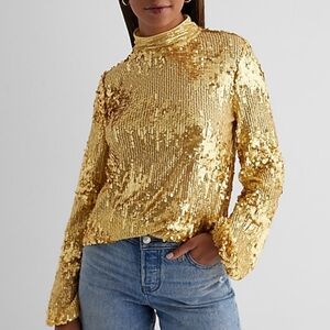 NWT Express Sequin Mock Neck Balloon Sleeve Top in Metallic Gold